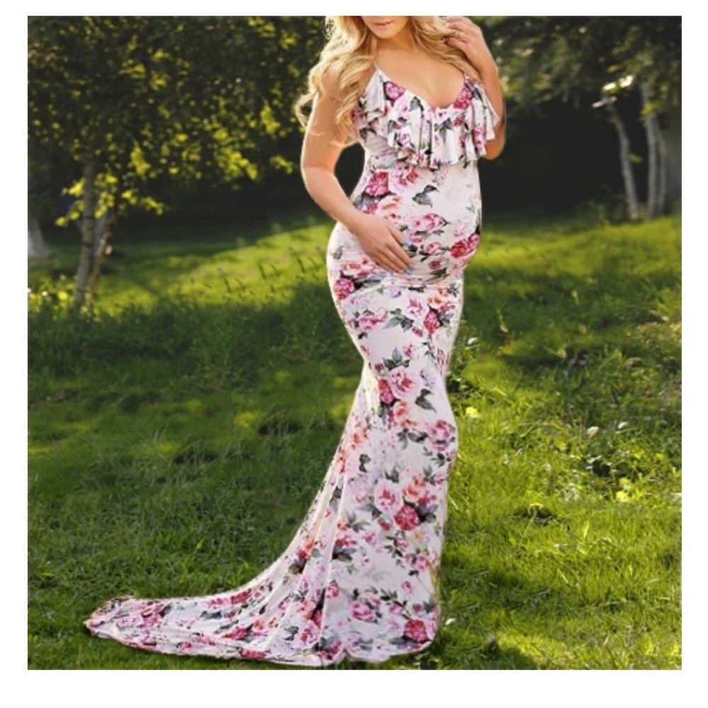 Maternity floral print flounced floor length dress